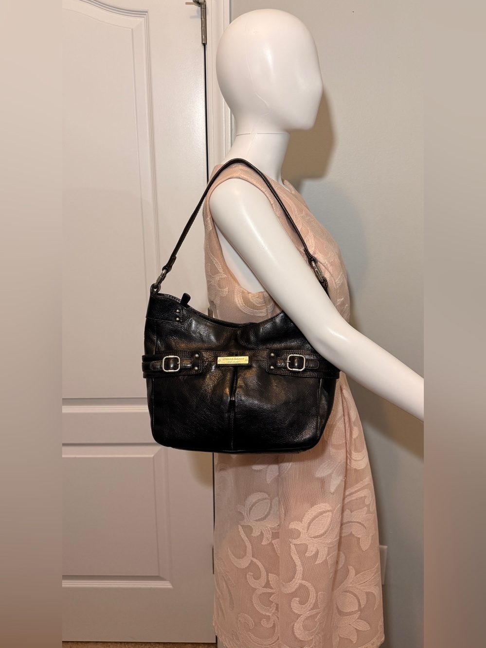Etienne Aigner Black Leather Hobo Shoulder Bag Buckle Accents Y2K - Picture 3 of 16